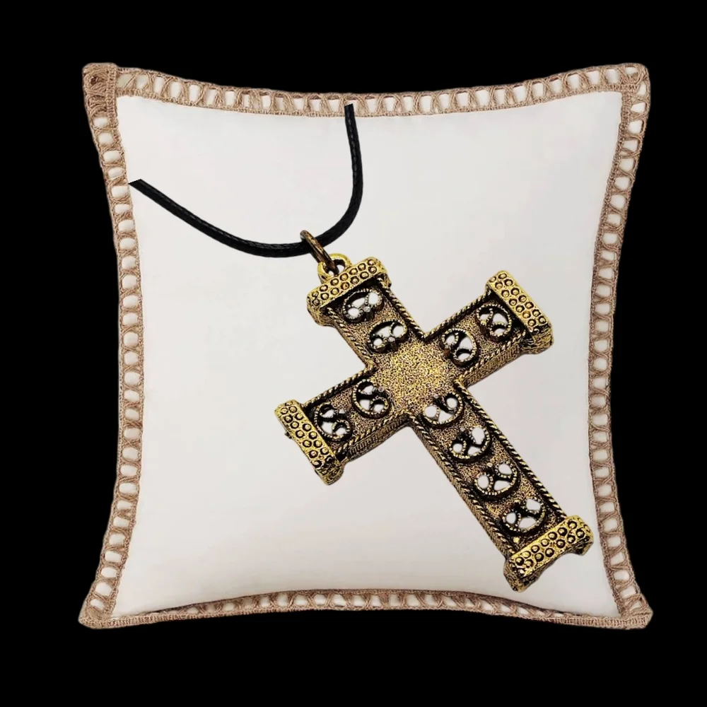 Gold Plated Cross with a Beautiful Embossed Design and Black Leather Necklace